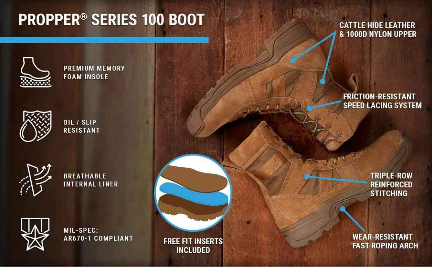8 Coyote Waterproof Series 100 boots are AR670-1 compliant, triple stitched, memory foam, free inserts and cattle hide leather.